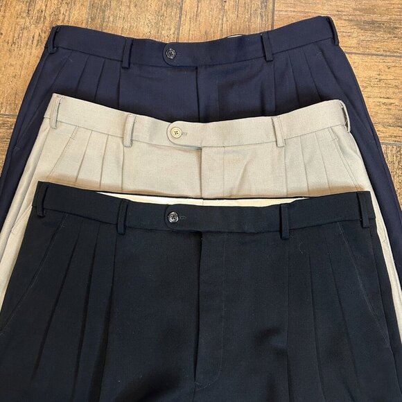 Set of 3 Hand Tailored 100% Wool Pleated Front Pants Size 36 NEW Black Navy Tan - Picture 6 of 9